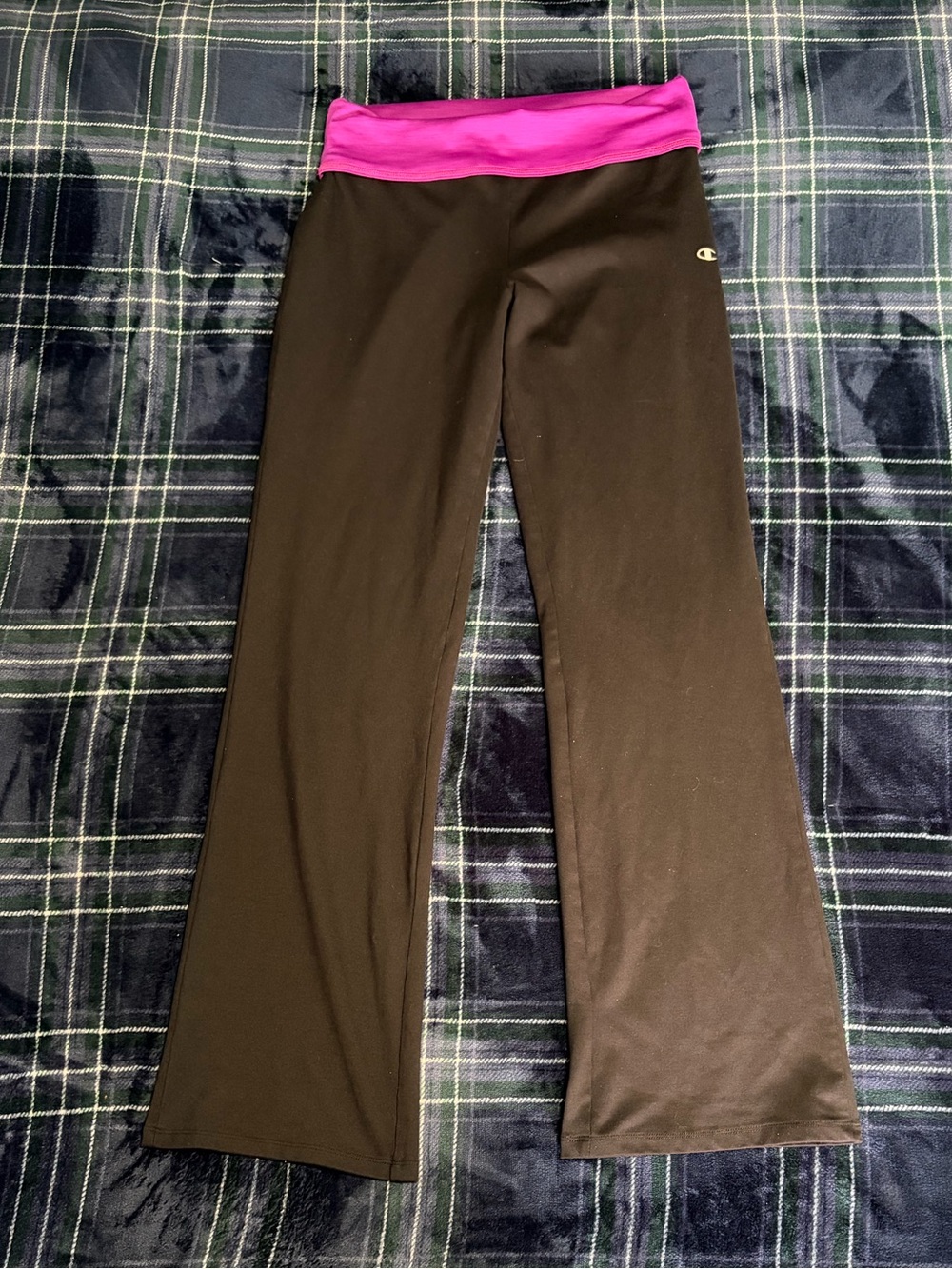 Champion black straight leg leggings with purple fold-over waistband. Size M.